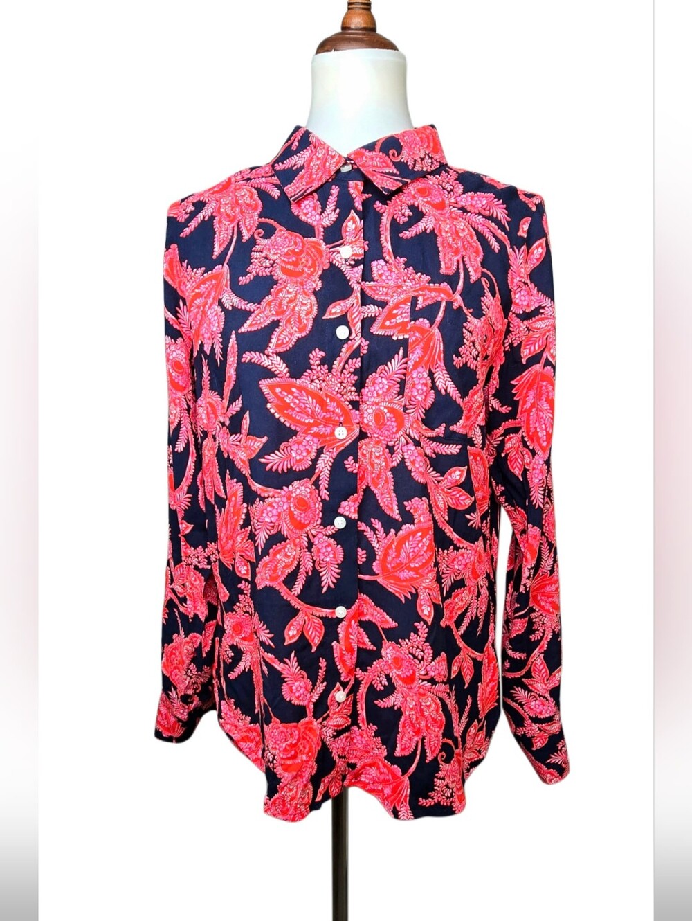 Tommy Hilfiger Women's Floral Button Front Blouse Navy Red Long Sleeve Size M